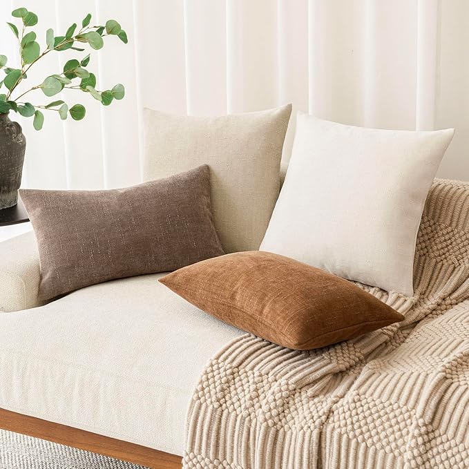 Foindtower Pack of 2 Textured Chenille Throw Decorative Pillow Covers Square Accent Solid Cushion Cover Cozy Neutral Farmhouse Pillow Case for Couch Sofa Bedroom Living Room 26x26 Inch, Ivory White