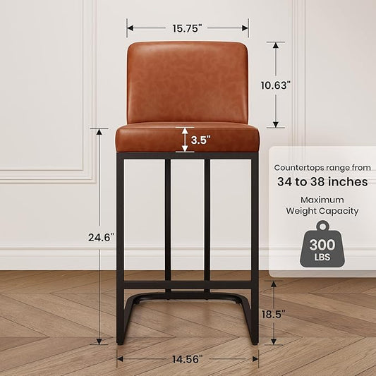 PHI VILLA Brown Bar Stools Set of 2, Faux Leather Counter Height Chairs, Kitchen Stools for Island, 24 Inch Barstools with Back