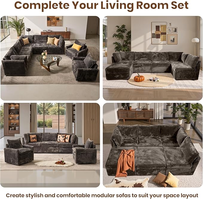 130'' Modern Modular Sectional Sofa with Ottoman, 7 Pieces L Shaped Cloud Couch for Living Room, Oversized Deep Seat Convertible Sofa Set, Plush Corduroy Gray