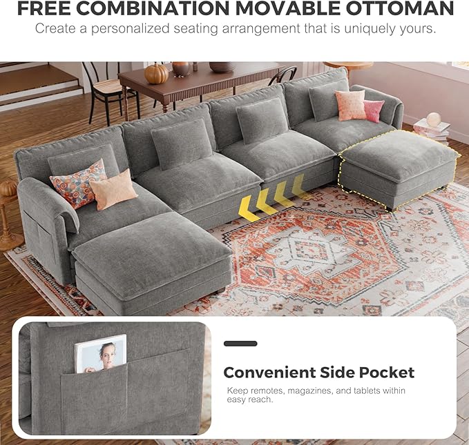 ELUCHANG 116" Luxury Modular Sectional Sofa, Comfy Deep Seat Cloud Couch, Sleeper Sofa Bed, 6 Seat Modern Couch with Removable Cover for Living Room, Apartment, DIY Combination, Chenille Light Grey
