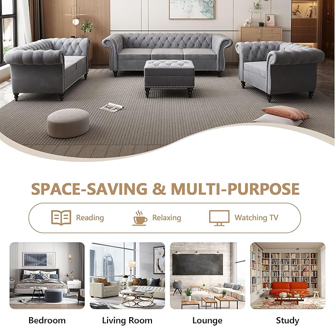 Velvet Sofa Couches Set, 3-Piece Mid Century Modern Upholstered Couch with Cushions, Home Sofa Sectional Furniture Sets, Comfy Tufted Chesterfield Couches for Living Room, Bedroom, Office