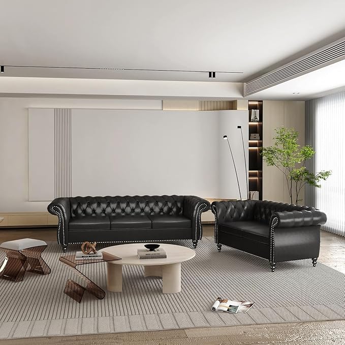 Chesterfield 3 Seater Sofa, Modern Leather Tufted Couch 3 Seater with Rolled Arms and Nailhead Mid-Century Upholstered Couch for Living Room, Bedroom, Apartment and Office, Black