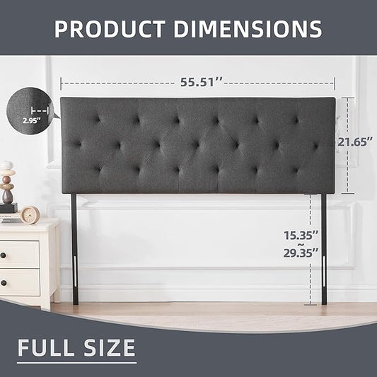 Linen Upholstered Headboard Full Size, Modern Diamond Tufting Solid Wood Full XL Headboard Only, Adjustable Height from 37β to 51β Head Board, Bed Frame or Wall Mount Headboards, Dark Grey