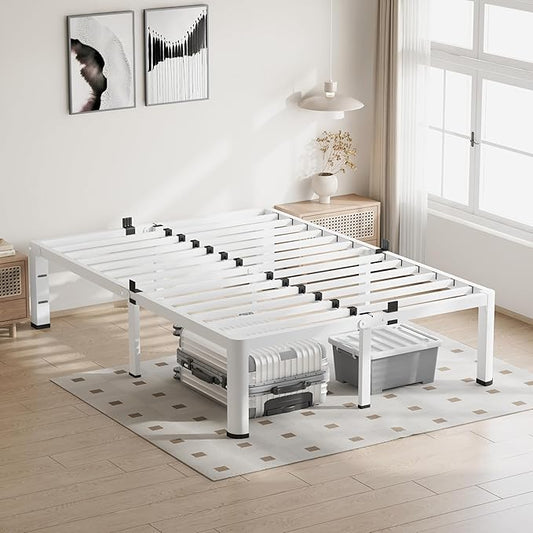 18 Inch King Size White Bed Frame, 3500Lbs Heavy Duty Metal Platform with Round Corner Legs Mattress Slide Stopper, Steel Slat Support No Box Spring Needed, Noise Free, Non-Slip, Easy Assembly