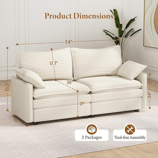 Vesgantti 74" Loveseat Sofa for Living Room, Comfy Cloud Couch Deep Seat Corduroy Modern 2 Seater Small Sofa with Armrest Pillow, Easy Assembly for Small Spaces, Beige