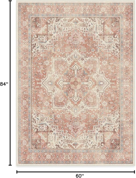 RUGGABLE Washable Area Rug – Kamran Rose Pink 5x7, Stain-Resistant, Non-Slip – Medium Machine Washable Rugs for Living Room, Bedroom, Hallway, Entryway & Office–with Standard Pad