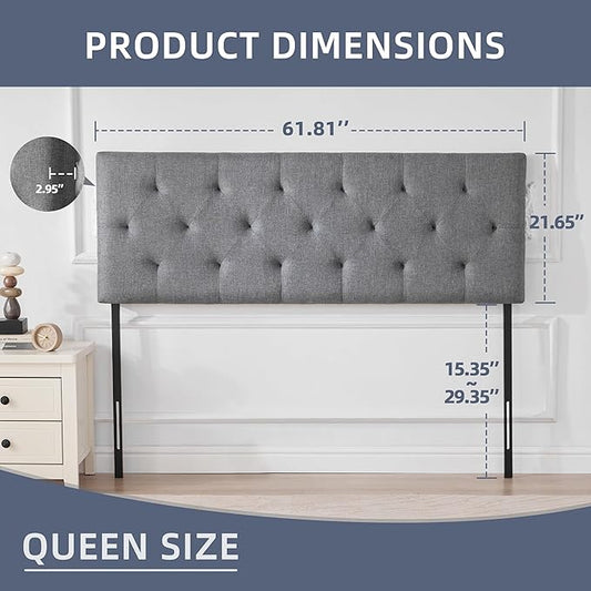 Linen Upholstered Headboard Queen Size, Modern Diamond Tufting Solid Wood Queen Headboard Only, Adjustable Height from 37β to 51β Head Board, Bed Frame or Wall Mount Headboards, Light Grey