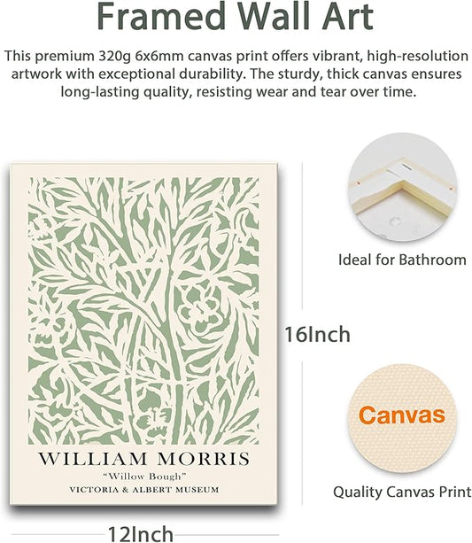 HesenDot Green Botanical Framed Wall Art Set, 12x16in Matisse William Morris Canvas Prints,Minimalist Classic Plants Home Decor for Living Room Bedroom Bathroom Office, Set of 3