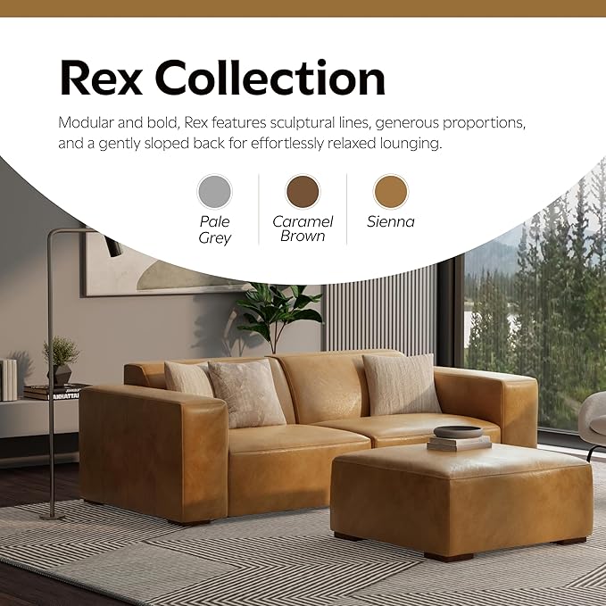SIMPLIHOME Rex Modular Sofa and Ottoman Set in Full-Grain Genuine Leather, Sienna, 88-inch-Wide 2-Seater Leather Couch and Matching 34-inch-Wide Table Ottoman for Living Room