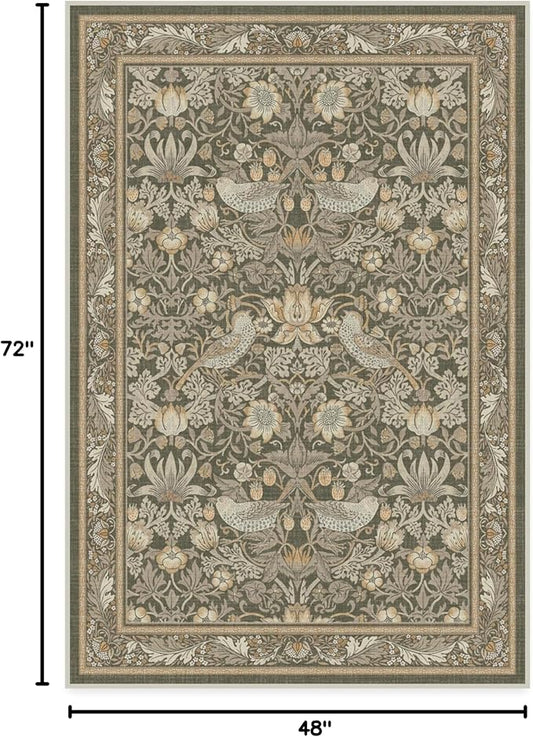 RUGGABLE x Morris & Co Machine Washable Area Rug – Strawberry Thief Stone Gold 4x6, Stain-Resistant, Non-Slip – Medium Rugs for Living Room, Bedroom, Hallway, Entryway & Office–with Cushioned Pad