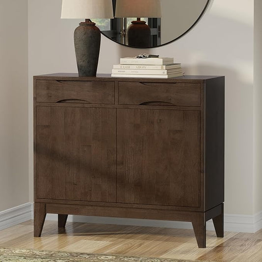 SIMPLIHOME Harper Solid Hardwood 40 inch Wide Mid Century Modern Entryway Storage Cabinet in Walnut Brown for The Living Room, Entryway and Family Room