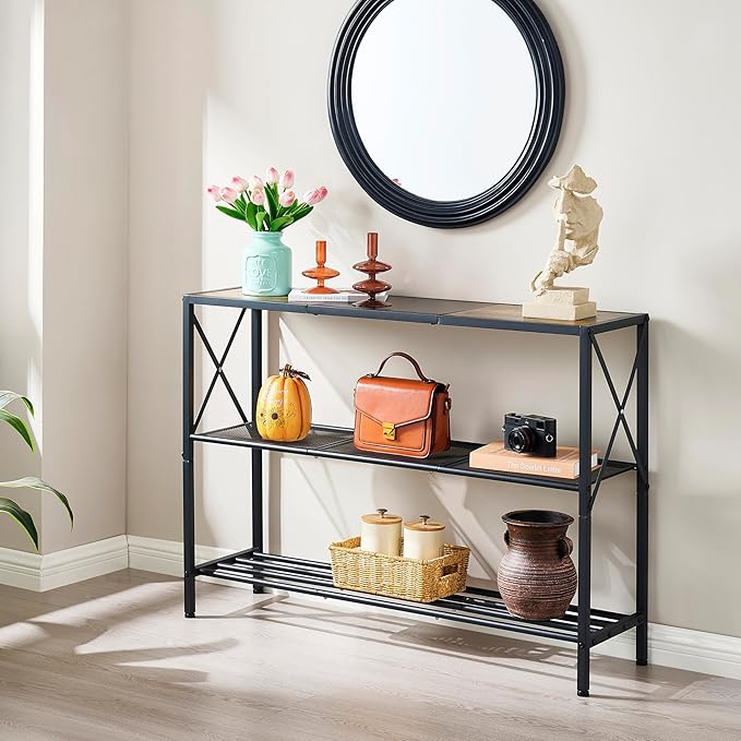 Hoctieon Industrial Console Table, 3 Tier Entryway Table, Hallway Table, Narrow Sofa Table with Shelves, Entrance Table for Entryway, Rustic Brown&Black