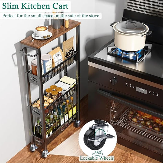 Slim Storage Cart 4 Tier Narrow Kitchen Rolling Cart on Wheels for Small Space, Mobile Utility Cart Shelving Unit with Wooden Top and Metal Handle for Kitchen, Bathroom, Laundry Room
