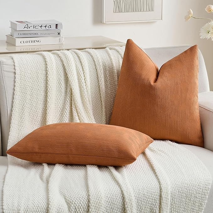 FUTEI Burnt Orange Chenille Decorative Throw Pillow Covers 12x20 Inch Set of 2,Soft Cozy Striped Geometric Patterns Lumbar Pillow Cases,Modern Home Decor for Couch Bed Living Room