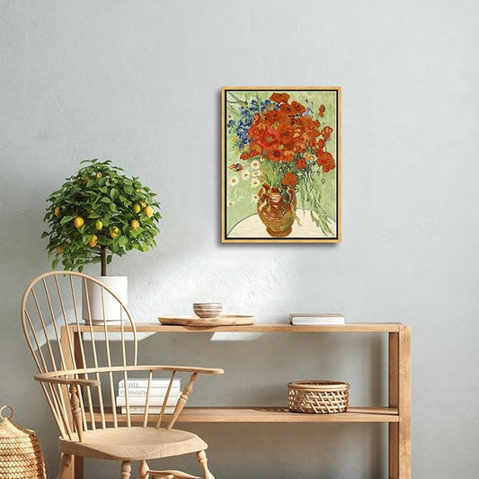 Wieco Art Framed Wall Art of Red Poppies and Daisies by Vincent Van Gogh Paintings Reproduction Abstract Canvas Prints for Home Living Room Decorations Bronze Gold Frame