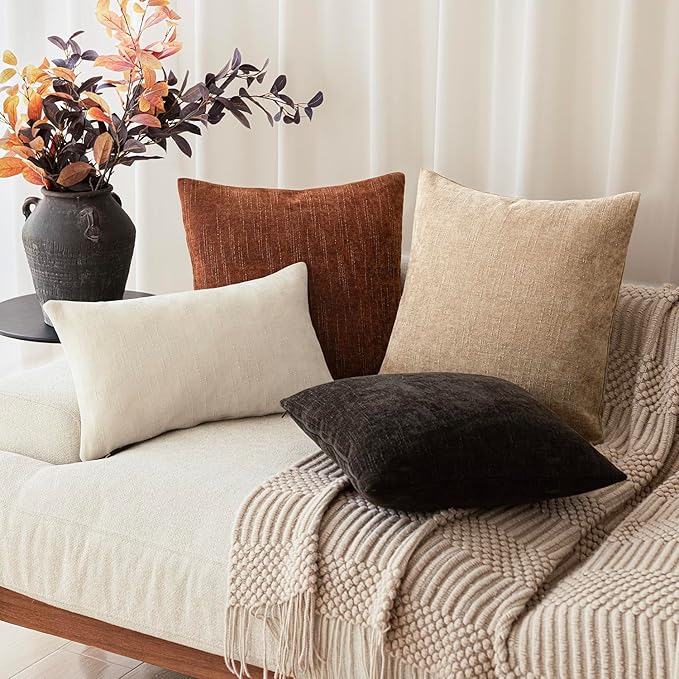 Foindtower Pack of 2 Soft Textured Chenille Throw Decorative Pillow Covers Square Accent Solid Cushion Cover Cozy Neutral Farmhouse Pillow Case for Couch Sofa Bedroom Living Room 20x20 Inch,Red Taupe