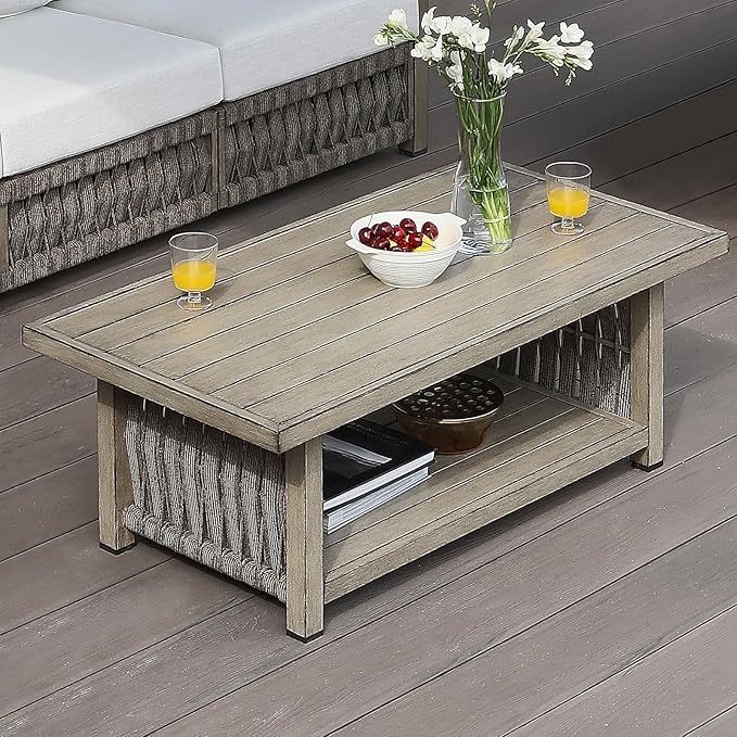 Outdoor Coffee Table, Aluminum Rope Weave Patio Coffee Table, Weatherproof Outside 2-Tier Rectangle Outdoor Patio Furniture for Garden, Pool, Outside, Decks, Gray Oak