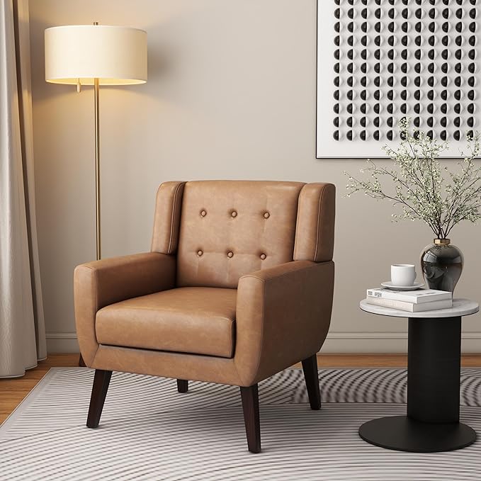 Accent Chair, Mid-Century Modern PU Leather Chairs with Arms for Living Room, Comfy Upholstered Club Single Sofa Armchair for Bedroom Waiting Room with Solid Wood Frame(Leather Brown, Set of 1)
