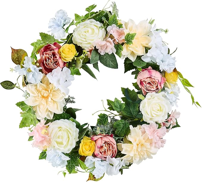 VEVOR Spring Wreath for Front Door 24 Inch - Large Artificial Flower Wreath with Hydrangea & Peony, Year-Round All Season Outdoor Indoor Door Decor