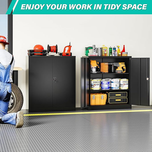 SISESOL Small Metal Storage Cabinet with Doors and Shelves,36 inch Black Locking Garage Cabinet,Lockable Short Steel Cabinets for Home,Office,Shop,Garage