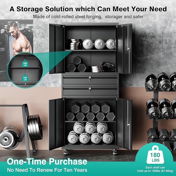 Metal Storage Cabinet with Wheels and Drawers,Rolling Garage Storage Cabinet with Locking Doors and Adjustable Shelves,73" Mobile Tall Large Metal Tool Cabinets with Locks for Home,Office,Garage