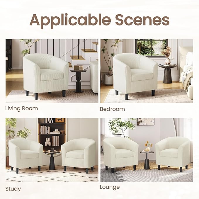 Yaheetech Corduroy Barrel Chairs Set of 2, Upholstered Club Chairs, Round Armchairs Waiting Room Chairs with Soft Cushion for Living Room Bedroom Reading Room, Beige