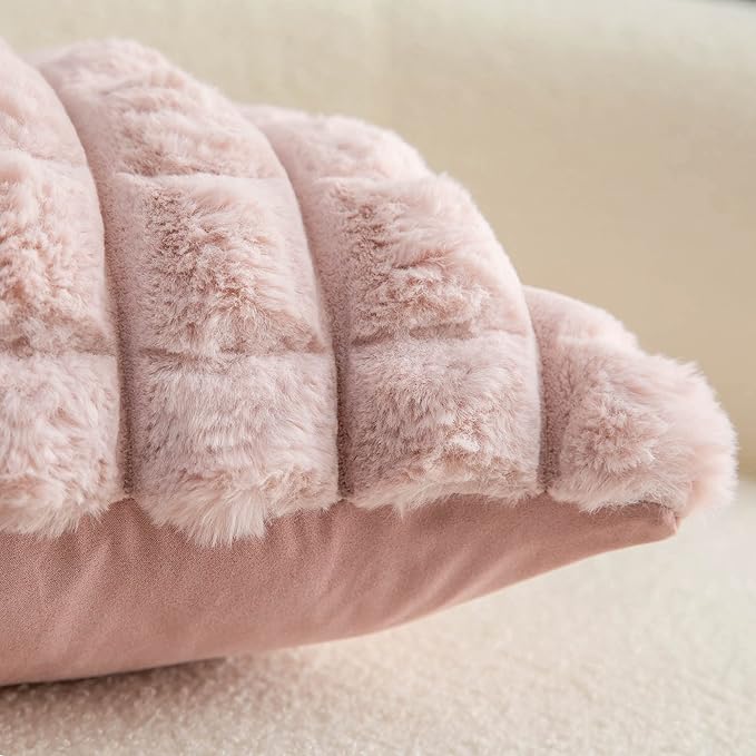 Neelvin Pink Faux Fur Cozy Soft Plaid Decorative Throw Pillow Covers 16x16 inch Set of 2,Velvet Pillowcase Cushion Case for Sofa Couch
