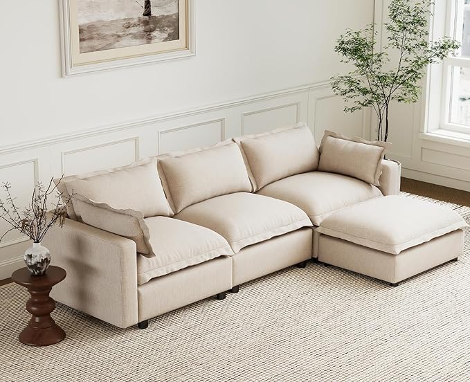 chairus 97" Modular Sectional Sofa with 2 Moveable Ottoman Upholstered Deep Seat Linen Couch Set with Soft Pillows U Shaped Sofa Couch for Living Room, Apartment, Reception Room, 3-Seater/Oatmeal