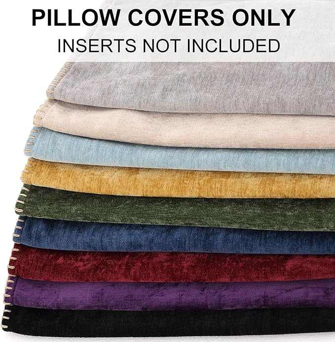 decorUhome Chenille Soft Throw Pillow Covers 20x20 Set of 2, Farmhouse Velvet Neutral Decorative Euro Pillow Covers with Stitched Edge for Couch Sofa Bed Home Decor, Beige