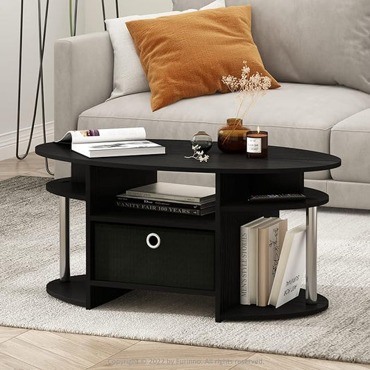 Furinno Jaya Simple Design Oval Coffee Table with Bin for Living Room, Americano/Chrome/Black