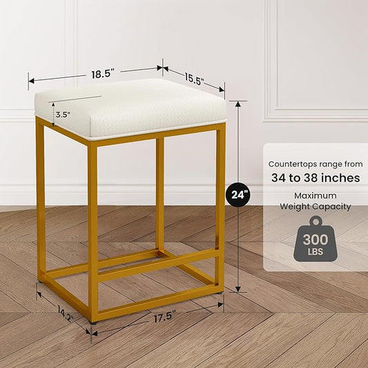 PHI VILLA Bar Stools Set of 3 - Thick Cushion Metal Steel Frame Base with Footrest Kitchen Stools, Gold Bar stools