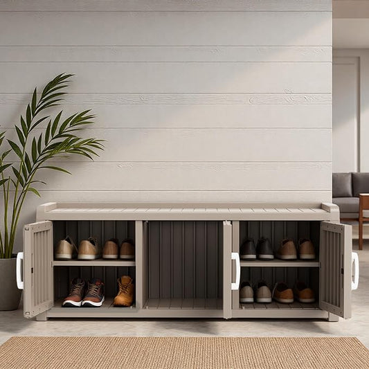 3 Doors Shoe Bench, Waterproof & UV-Resistant, Resin Shoe Cabinet Indoor & Outdoor Use, Entryway Bench with Adjustable Shelves & Hidden Storage Space for Bedroom, Hallway, Grey