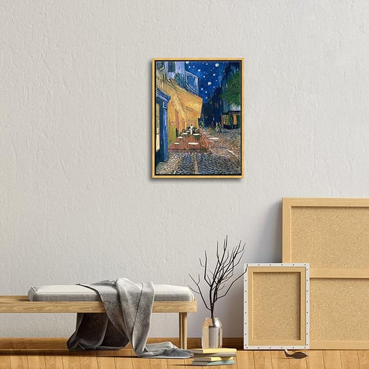 Wieco Art Framed Wall Art of Cafe Terrace at Night by Vincent Van Gogh Paintings Reproduction Abstract Canvas Prints for Home Living Room Decorations Bronze Gold Frame