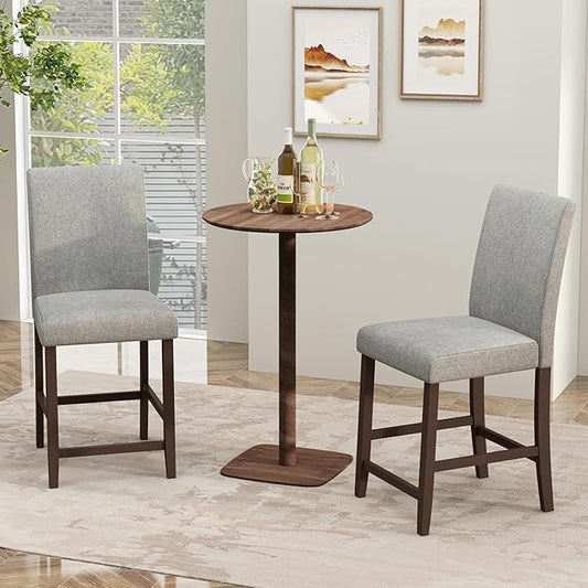 COSTWAY Counter Height Bar Stools Set of 4, 24'' Upholstered Mid Century Modern Island Chairs with Rubber Wood Legs, Wooden Barstools for Kitchen, Dining Room, Bar, Restaurant (Light Grey)