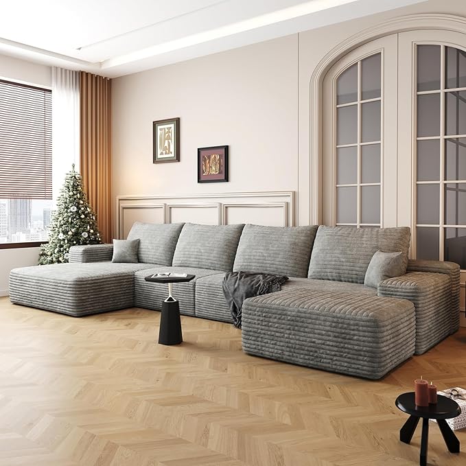135.4" Large Cloud Modular Sectional Couch with Ottoman, Minimalist Upholstered Couches, Comfort U Shaped Sofa for Living Room,Deep Seat Corner Couch,No Assembly Required (Grey,Left Facing Chaise)