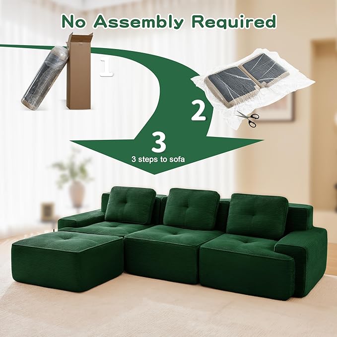 115.3” Green Boneless Couches for Living Room, Modular Sectional Sofa with L-Shape Chaise, 3 Seater Comfy Upholstered Deep Seat Corduroy Fabric Cloud Couch No Assembly, Anti-Slip Design
