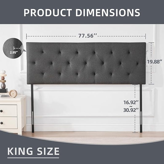 Linen Upholstered Headboard King Size, Modern Diamond Tufting Solid Wood Cali King Headboard Only, Adjustable Height from 37β to 51β Head Board, Bed Frame or Wall Mount Headboards, Dark Grey