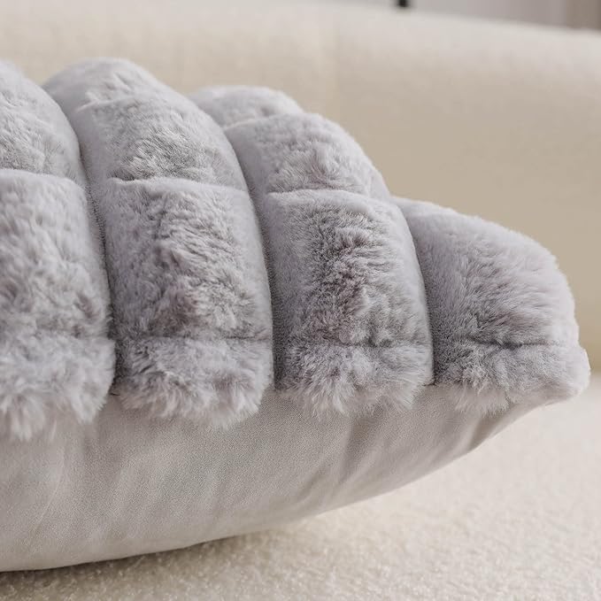 Neelvin Grey Faux Fur Cozy Soft Plaid Decorative Throw Pillow Covers 12x20 inch Set of 2,Velvet Pillowcase Cushion Case for Sofa Couch