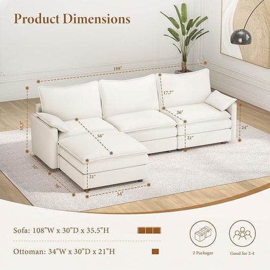Vesgantti 108" Modular Sectional Sofa, Comfy Cloud Couch with Movable Ottoman Deep Seat Chenille L Shaped Modular Sofa, Sectional Couches for Living Room, Bedroom and Apartment, Snow White