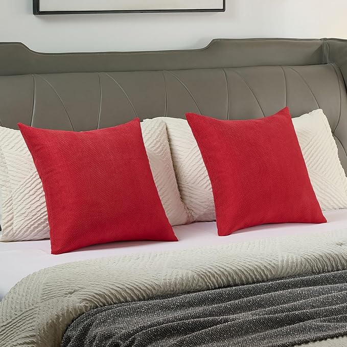 FUTEI Christmas Red Chenille Throw Pillow Covers 24x24 Inch Set of 2,Soft Wide Chevron Textured European Pillow Shams,Farmhouse Home Decor for Couch Bed Living Room