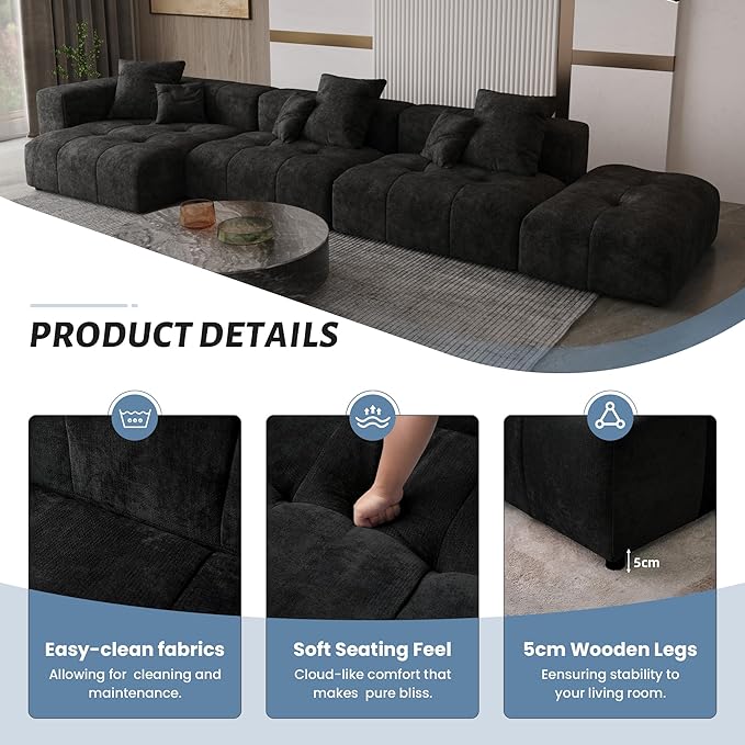 WJShome 119" L Shaped Sectional Couch,Modern Modular Sofa with Ottoman,Linen Deep Loveseat with Pillows Couches for Living Room, Bedroom and Apartment,Black