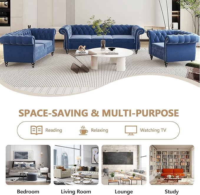 Home Sofa Living Room Furniture, 3 Seater 84" Velvet Upholstered Couch, Mid Century Modern Comfy Couch with Cushions, Classic Tufted Chesterfield Couches for Bedroom, Office, Apartment (Blue)