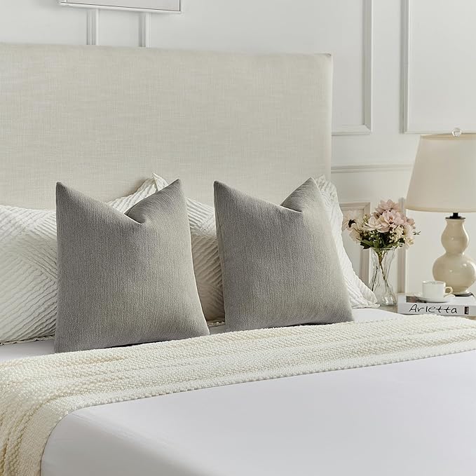 FUTEI Smoke Gray Chenille Decorative Throw Pillow Covers 18x18 Inch Set of 2,Soft Cozy Faux Linen Textured Cushion Case,Farmhouse Home Decor for Couch Living Room