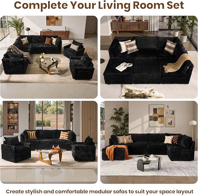 130'' Modern Modular Sectional Sofa,5 Seats Cloud Comfort Corduroy Fluffy Couch,L Shaped Convertible Sofa Couch for Living Room,Black