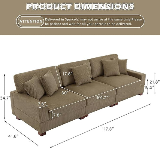 Modular Sectional Couches for Living Room, 118" Modern Upholstered 3-Seater Sofa Couche for Living Room Bedroom, Camel