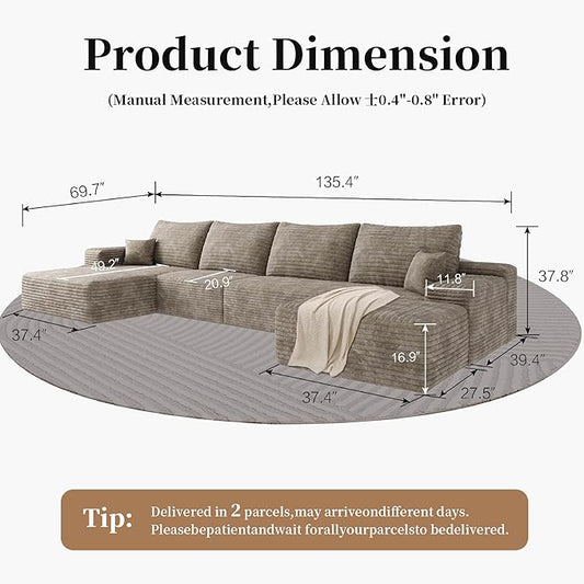 135.4" Large Cloud Modular Sectional Couch with Ottoman, Minimalist Upholstered Couches, Comfort U Shaped Sofa for Living Room,Deep Seat Corner Couch,No Assembly Required (Camel,Left Facing Chaise)