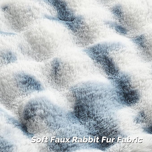 FUTEI Blue White Decorative Throw Pillow Covers 12x20 Inch Set of 2,Soft Fuzzy Faux Rabbit Fur Pillow Case with Raised Texture,Neutral Boho Home Decor for Couch Bed Living Room