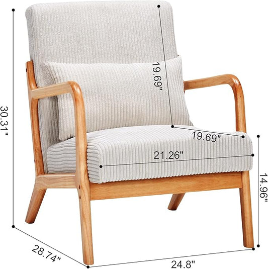 Accent Chairs, Mid-Century Modern Chair with Pillow, Armchair with Solid Wood, Reading Relaxing Leisure Chair for Living Room(Beige)