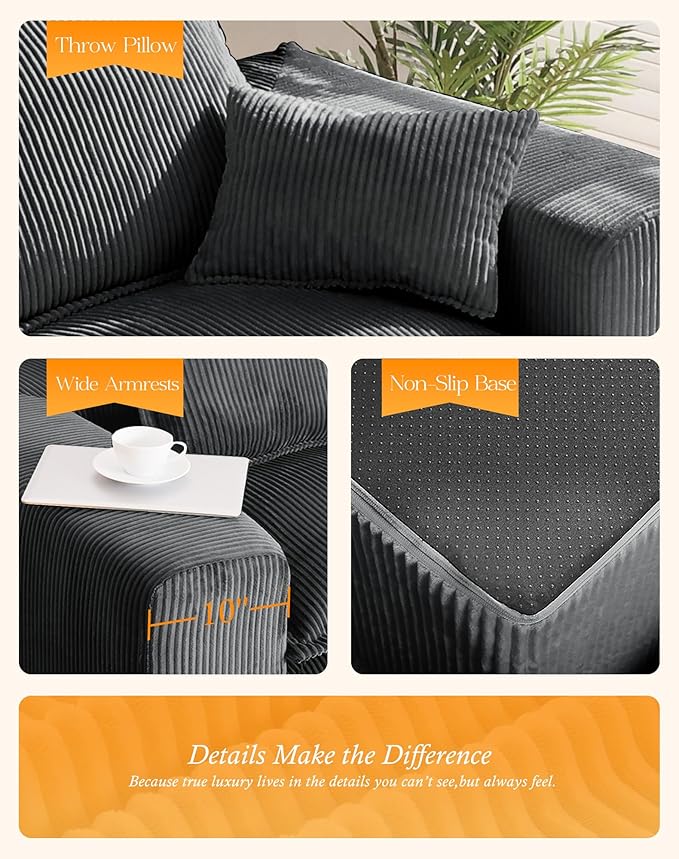 107" Comfy Cloud Couch with L-Shape Chaise & Deep Seat, Modular Sectional Sofa in a Box, Boneless Upholstered Couches for Living Room, No Assembly Required (Soft Corduroy, Gray)