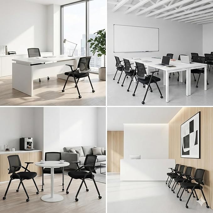 16 Pack Stackable Conference Room Chairs with Paddle Folding Office Chair Foldable Desk Chair Mesh Back and Arms for Conference Meeting Guest Reception Home Office Training Room Chair Black